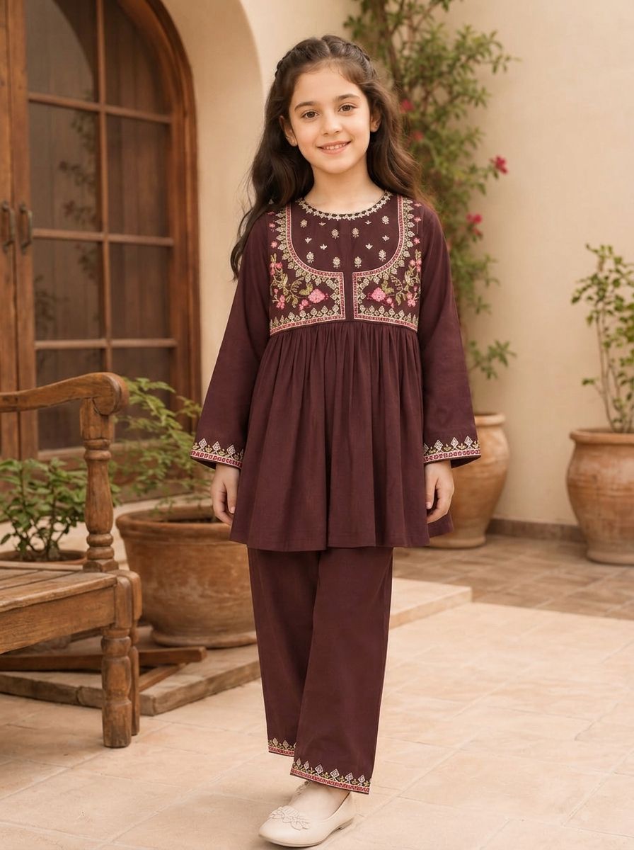 Gulnaar Mehfil – Deep Maroon Embroidered Girls’ 2-Piece Set