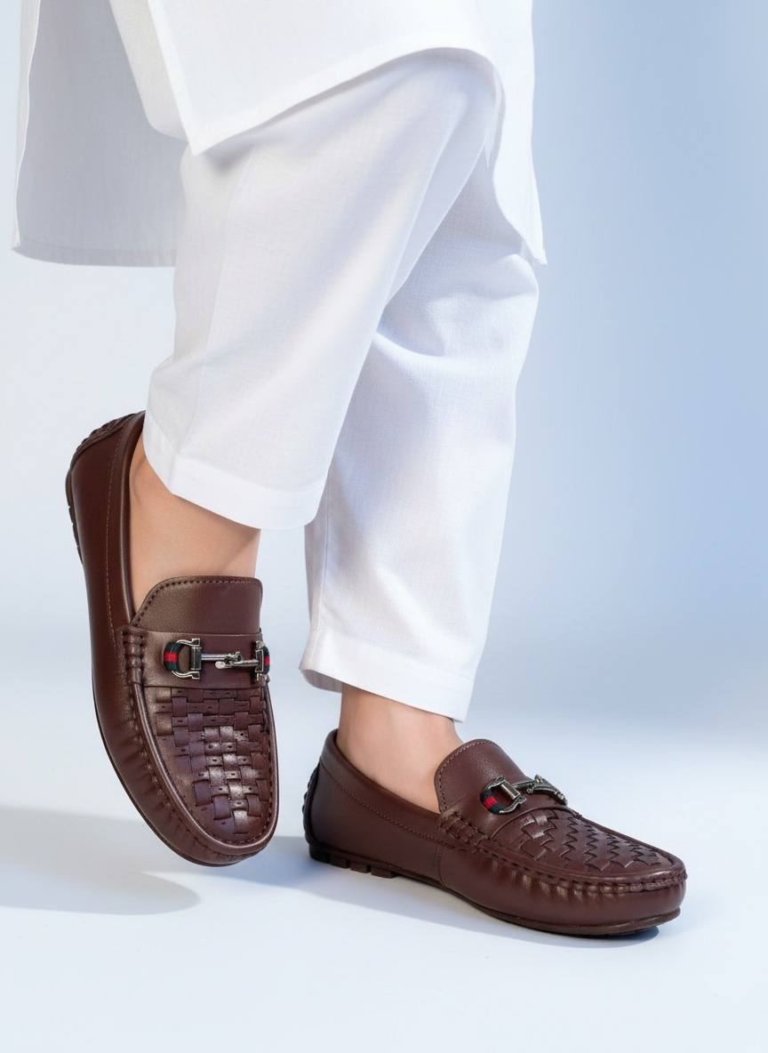 Boys Brown Horsebit Loafers with Woven Front Detail