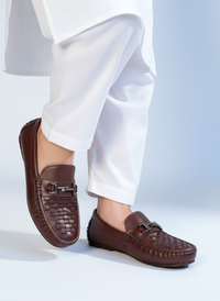 Boys Brown Horsebit Loafers with Woven Front Detail