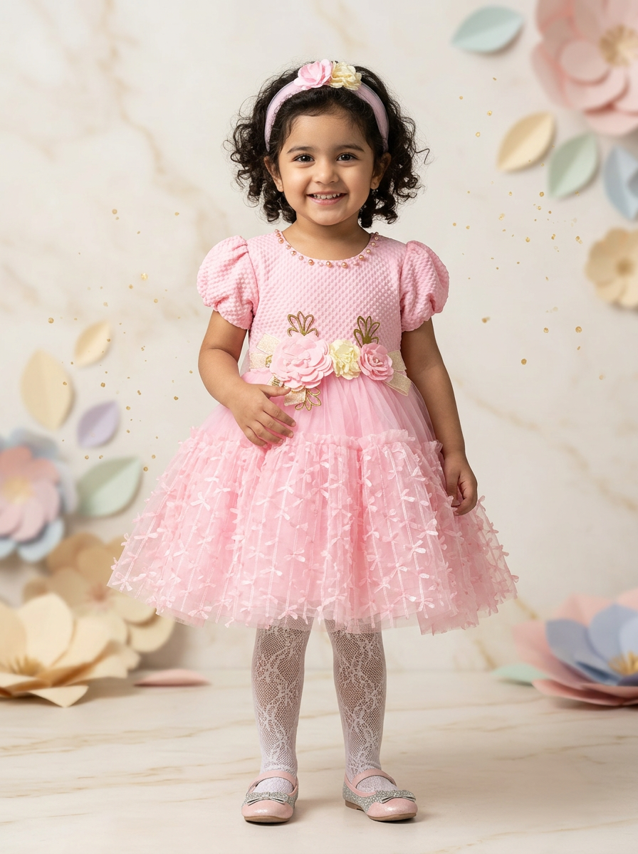 Girls Light Pink Floral Net Party Frock with 3D Flower Detail