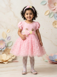 Girls Light Pink Floral Net Party Frock with 3D Flower Detail
